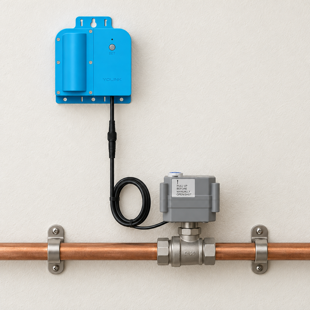 YoLink controller and valve assembly photographed from one consistent front view