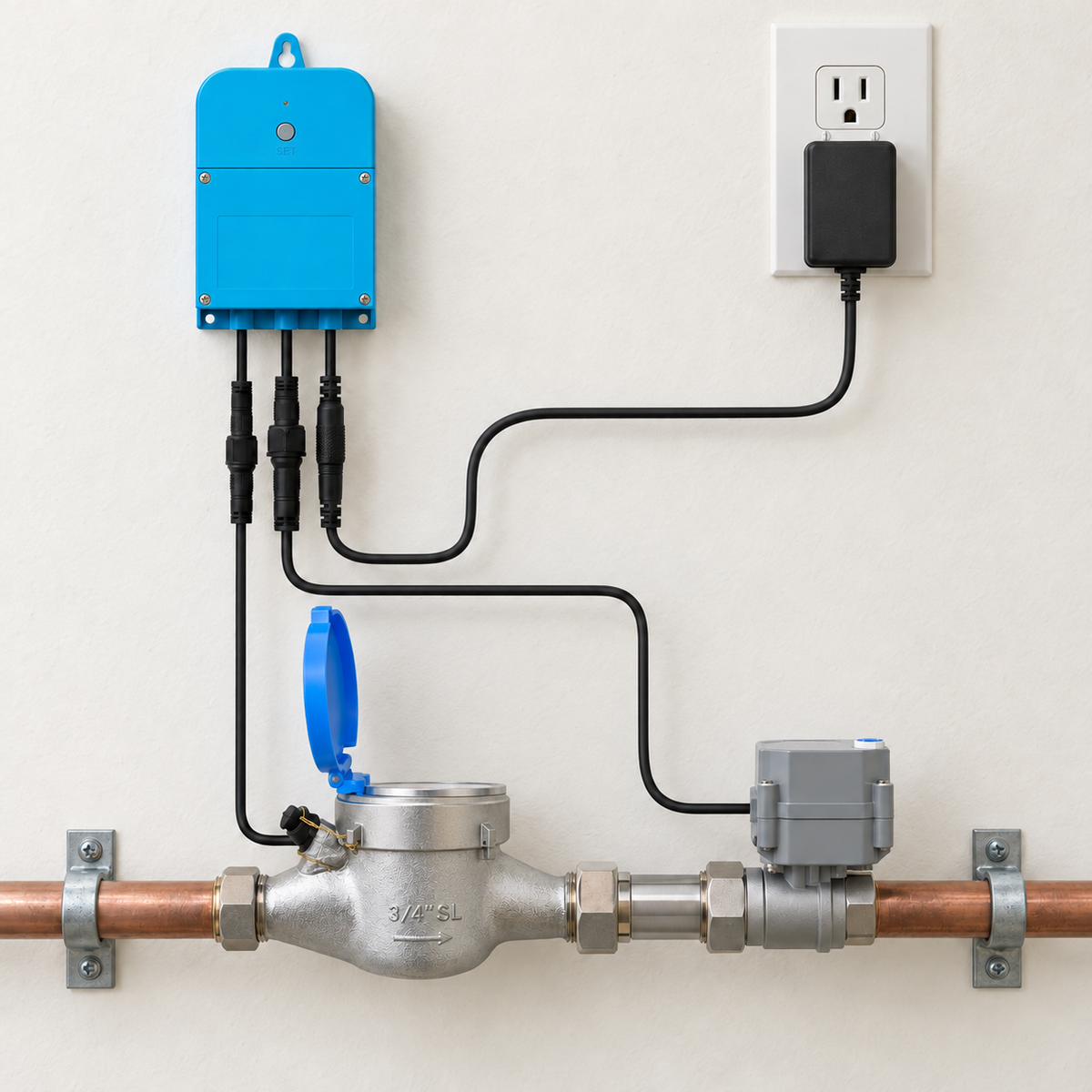 YoLink controller and valve assembly photographed from one consistent front view