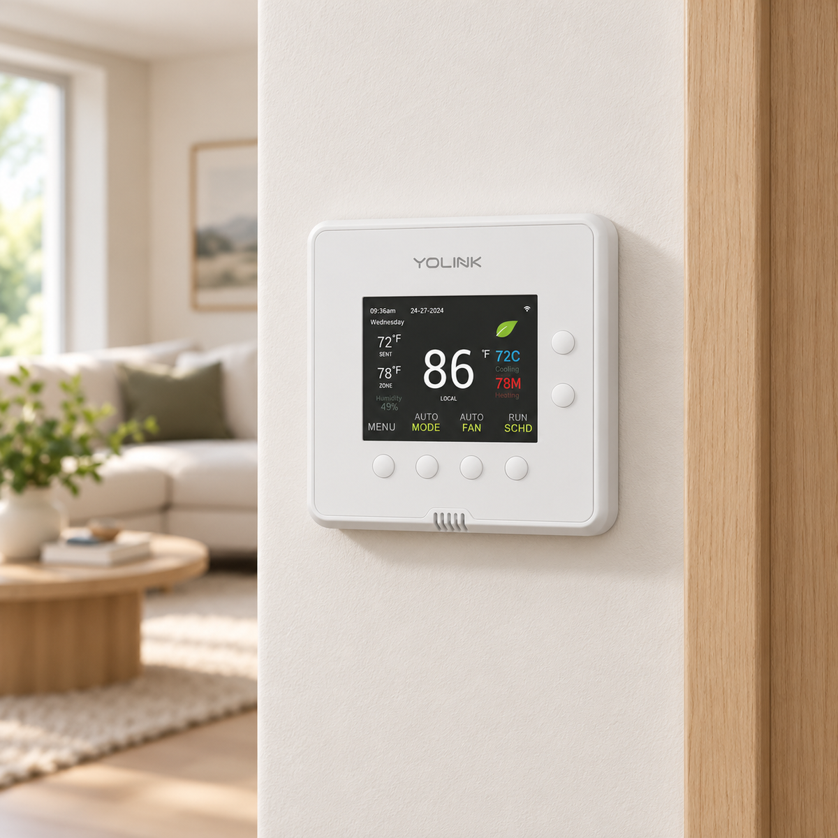 YoLink Thermostat 2, Dual-Stage Heat & Cool in a natural home setting