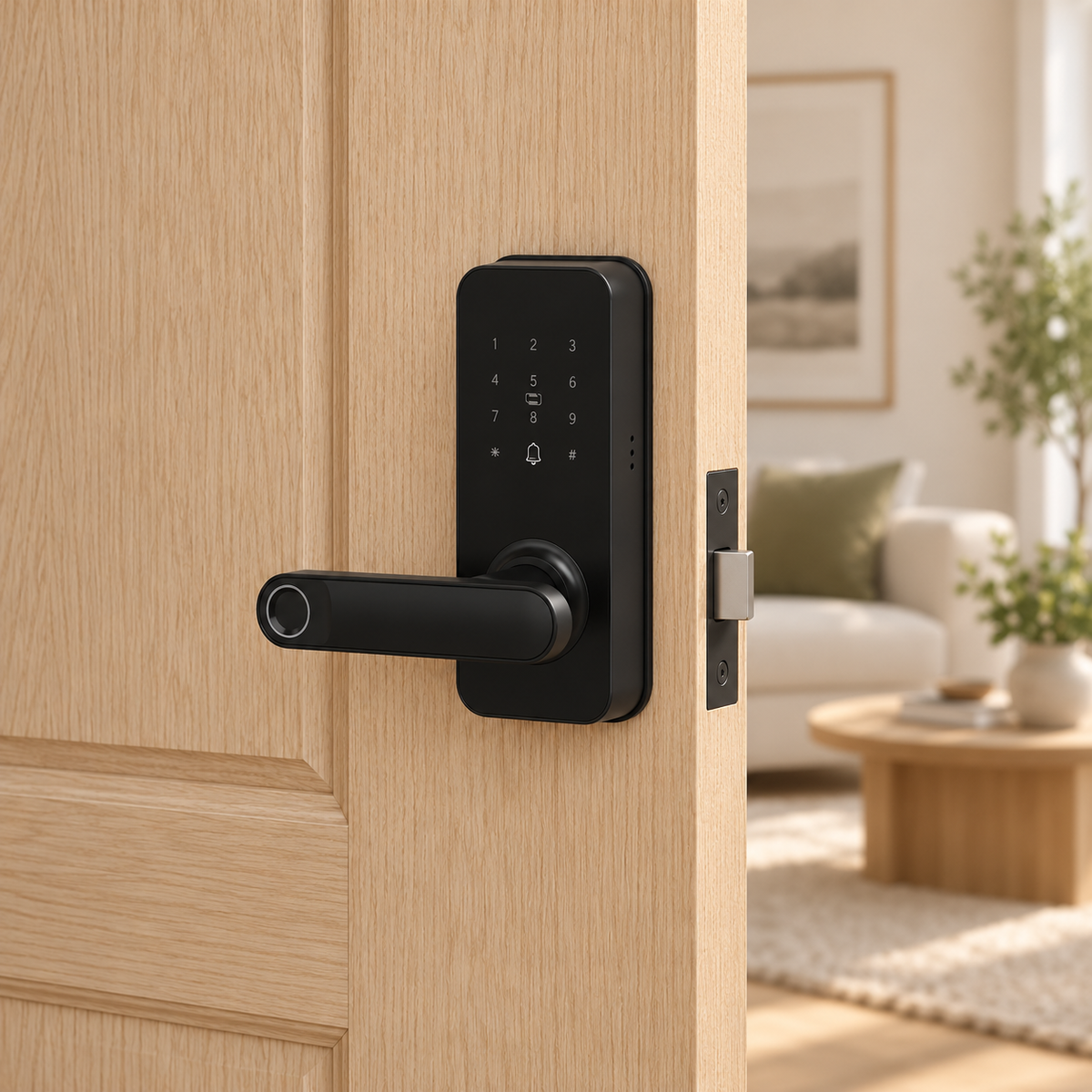 YoLink Smart Lever Lock with Fingerprint in a natural home setting