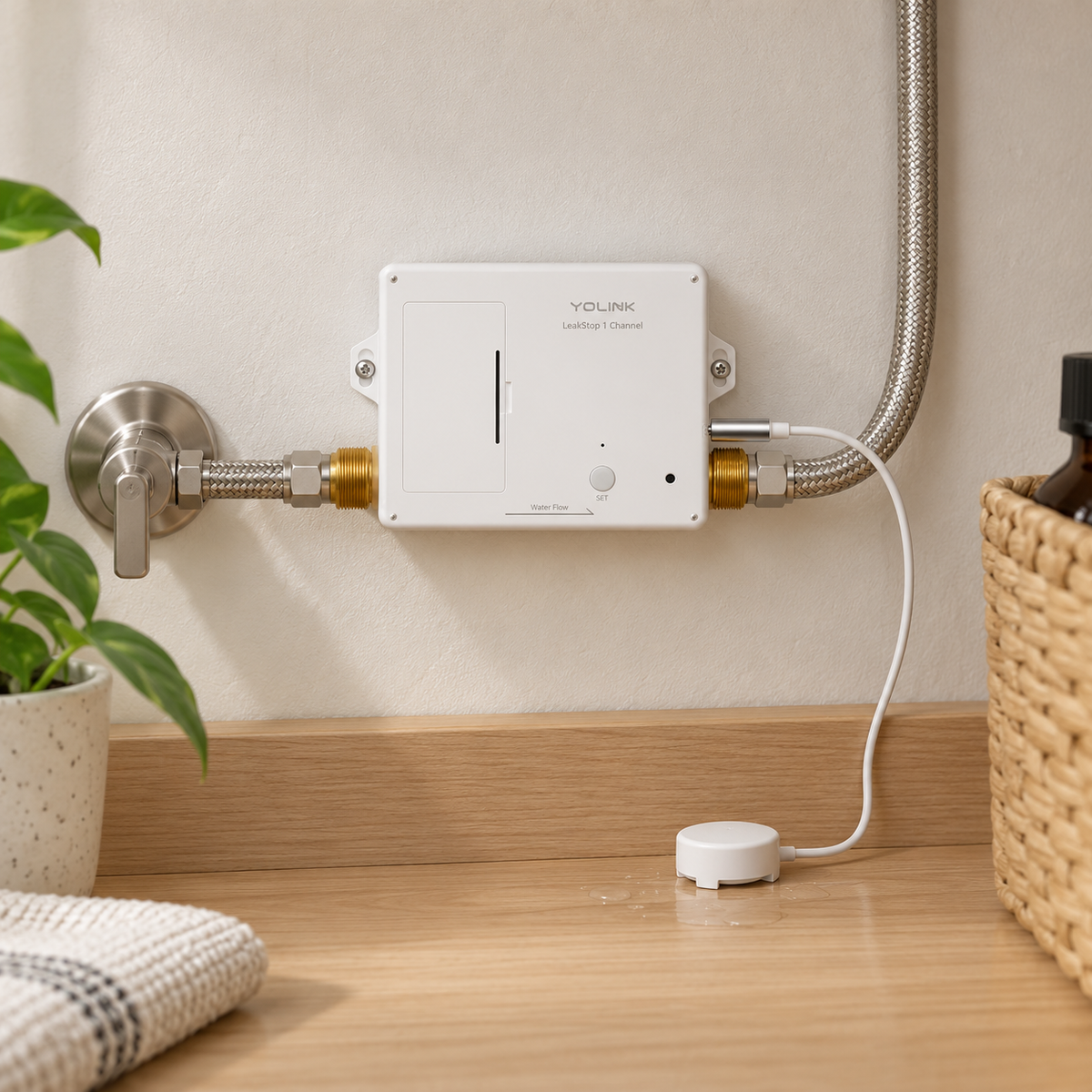 YoLink LeakStop 1-Channel Leak Detector in a natural home setting