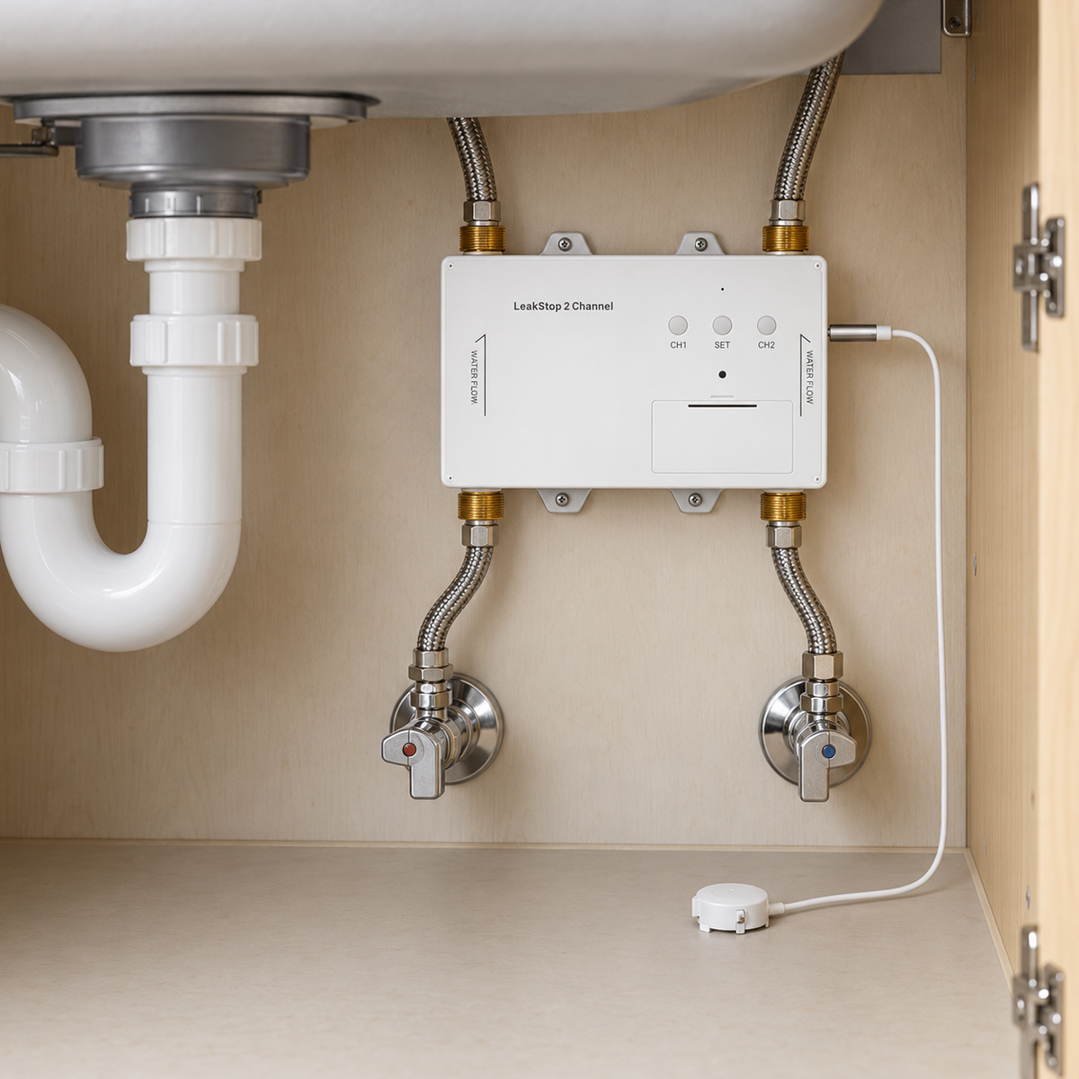 YoLink LeakStop 2-Channel Leak Detector in a residential plumbing setting