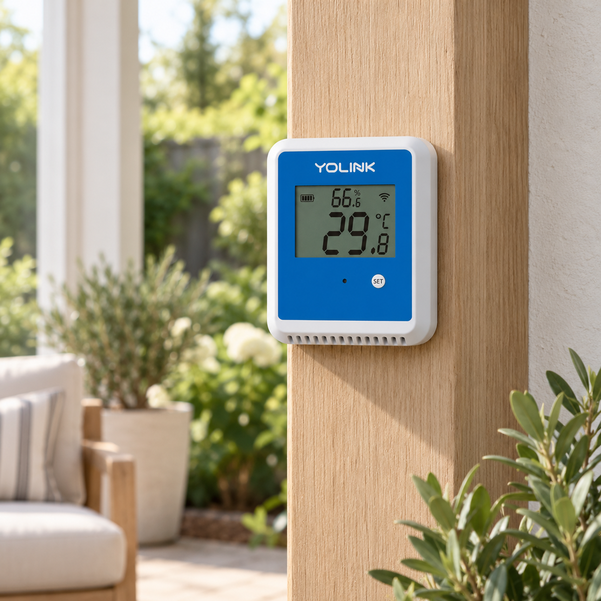 YoLink Sidewalk Outdoor Temperature & Humidity Sensor in a natural home setting