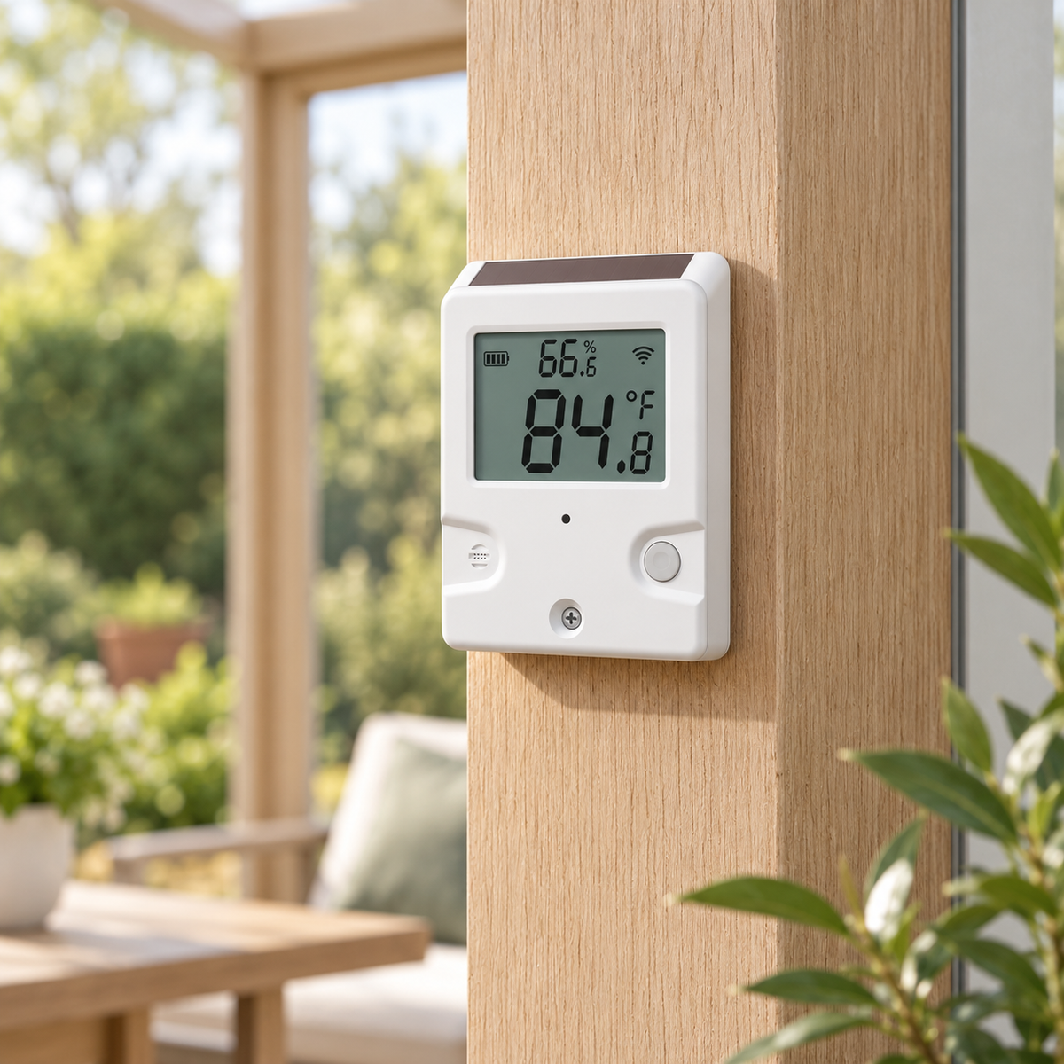 YoLink Outdoor Solar Thermometer Hygrometer in a natural home setting