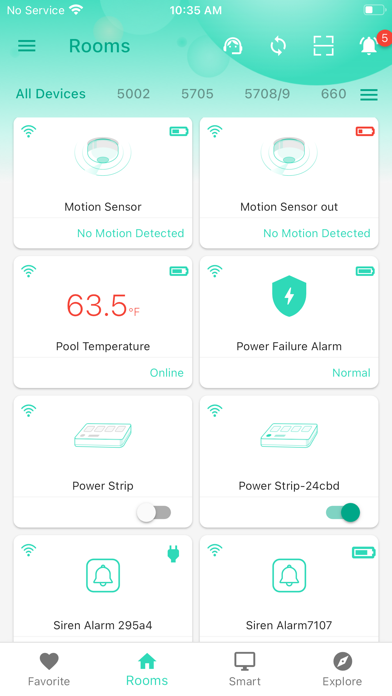 YoLink app Rooms screen displaying motion sensors, temperature, power status, and device controls
