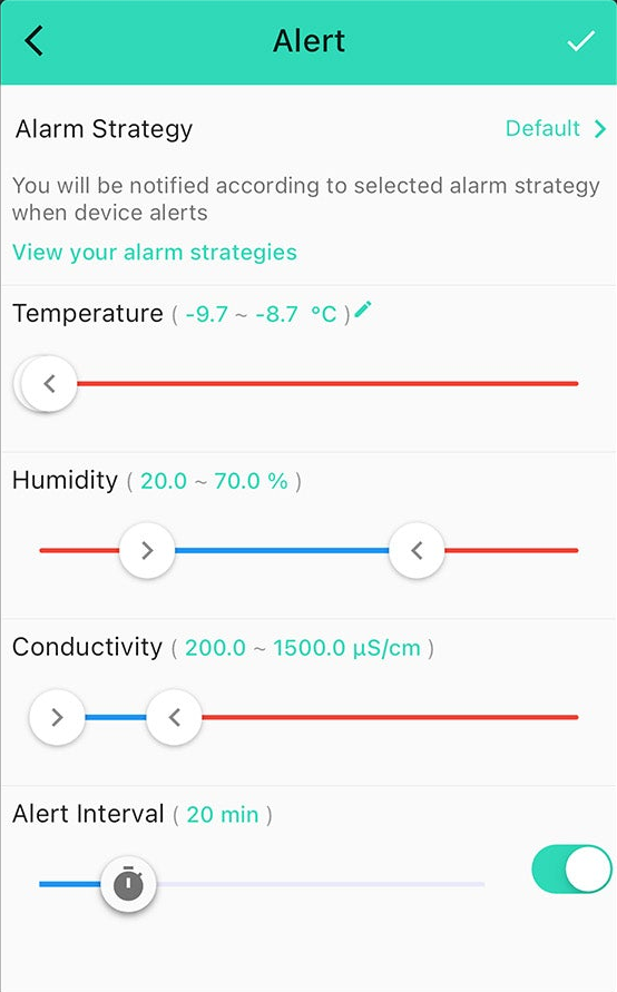 YoLink app: Alert settings for temperature, humidity, conductivity and alert interval.