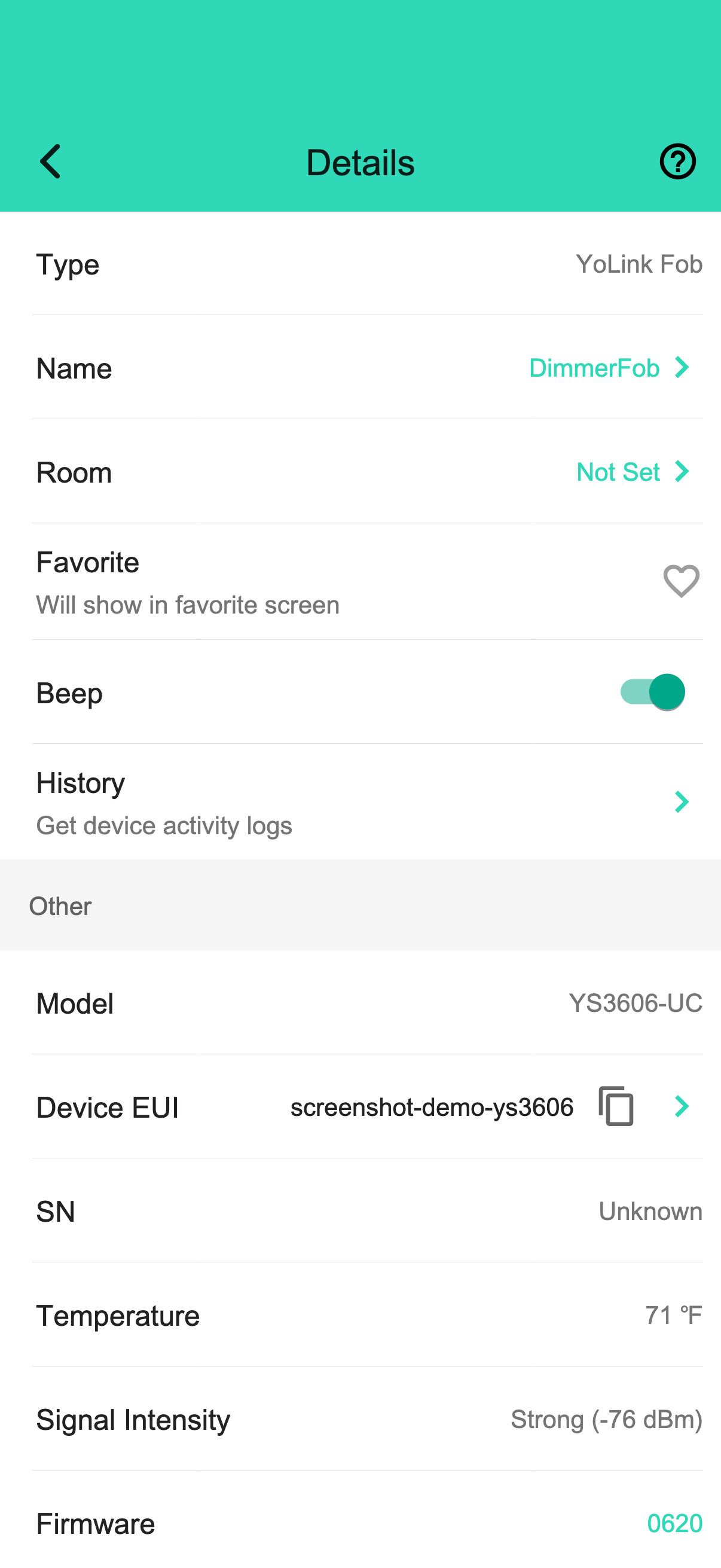 YoLink DimmerFob — representative YoLink app settings (demo data)