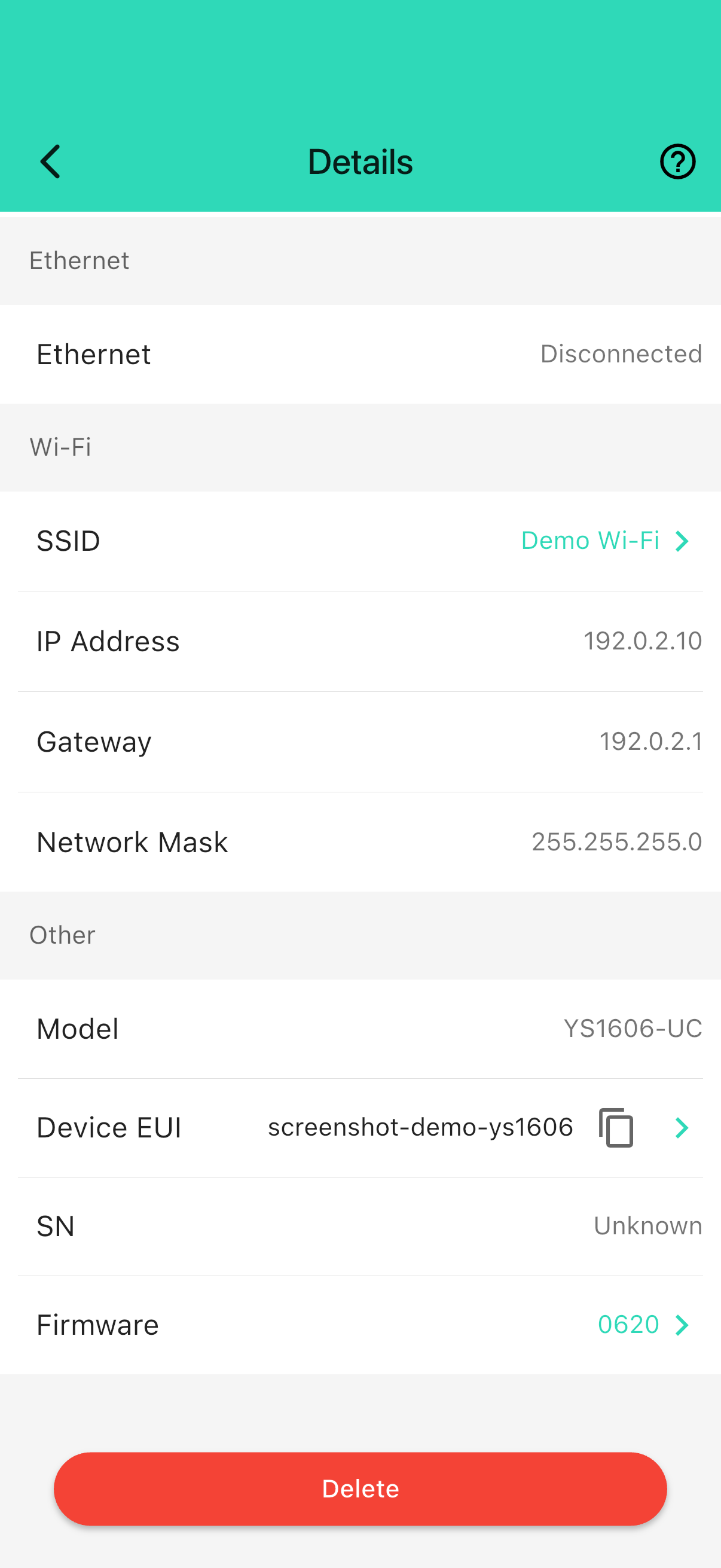 YoLink app — YS1606 normal settings-controls (synthetic demo)
