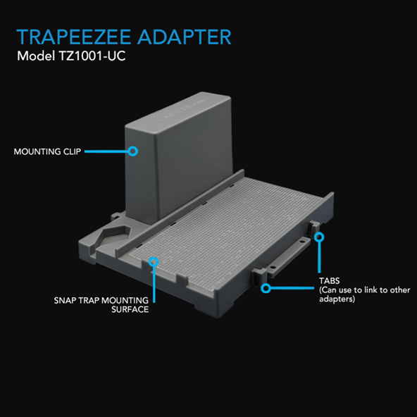 Trapeezee adapter with labeled parts on a black background including the mounting clip, snap trap mounting surface, and tabs, which can be used to link the adapter to other adapters.