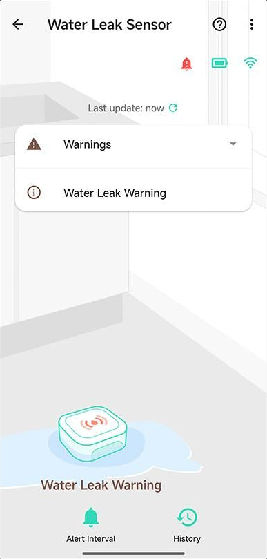 YoLink Water Leak Sensor 5 — YoLink app: Water-leak warning, alert interval and history