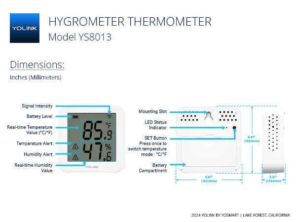 YS8013 company diagram showing front indicators, rear battery compartment and mounting slot, and side profile
