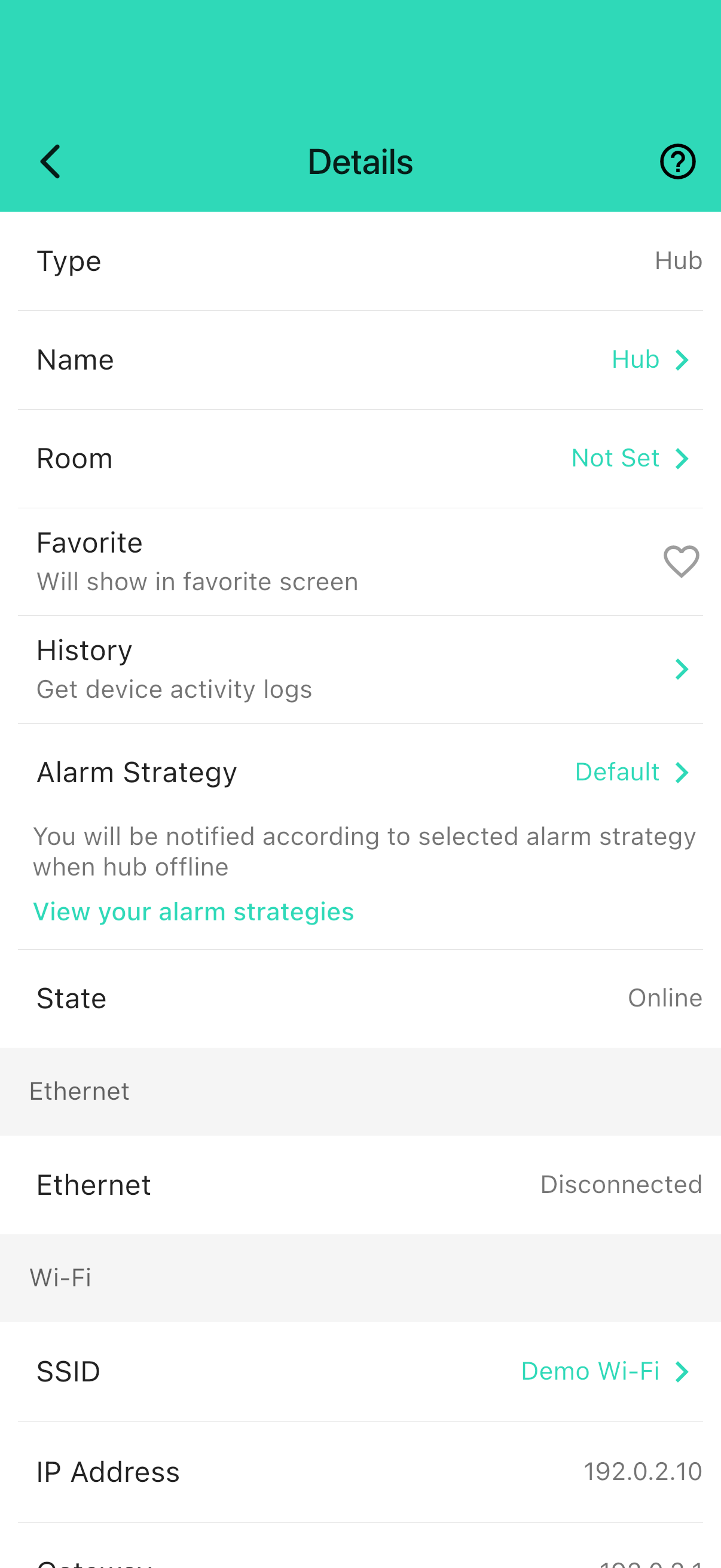 YoLink app — YS1603 normal settings (synthetic demo)