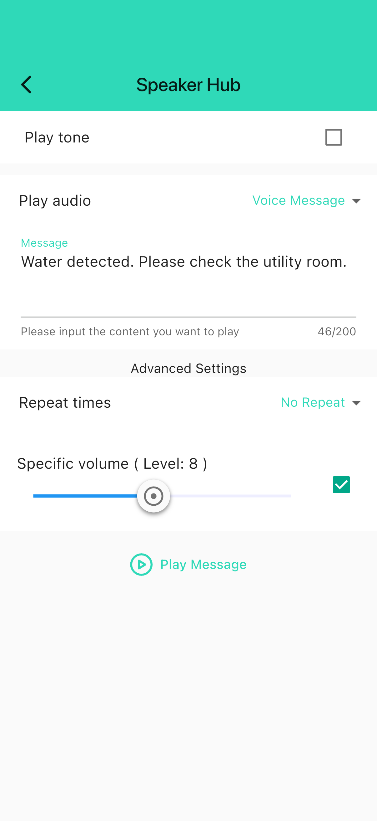 YoLink app — YS1604 normal voice-message (synthetic demo)