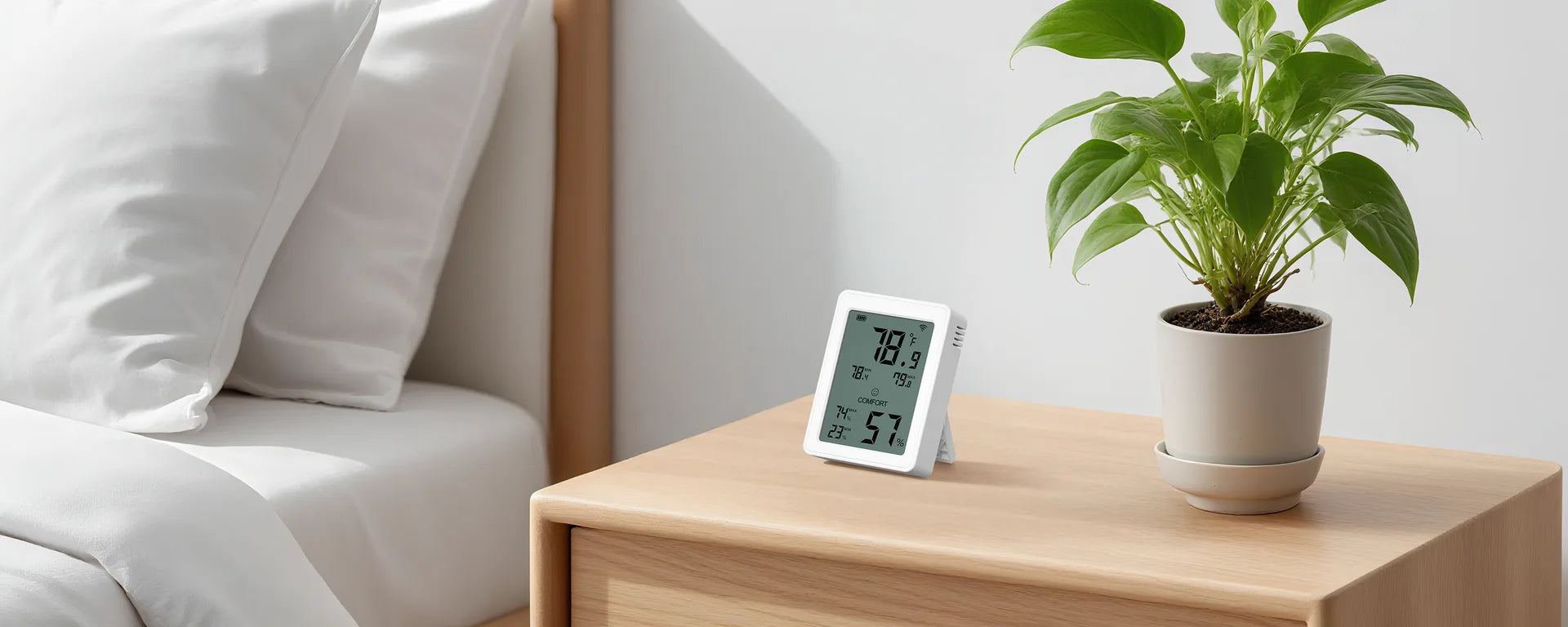 Temperature and humidity display beside a potted plant