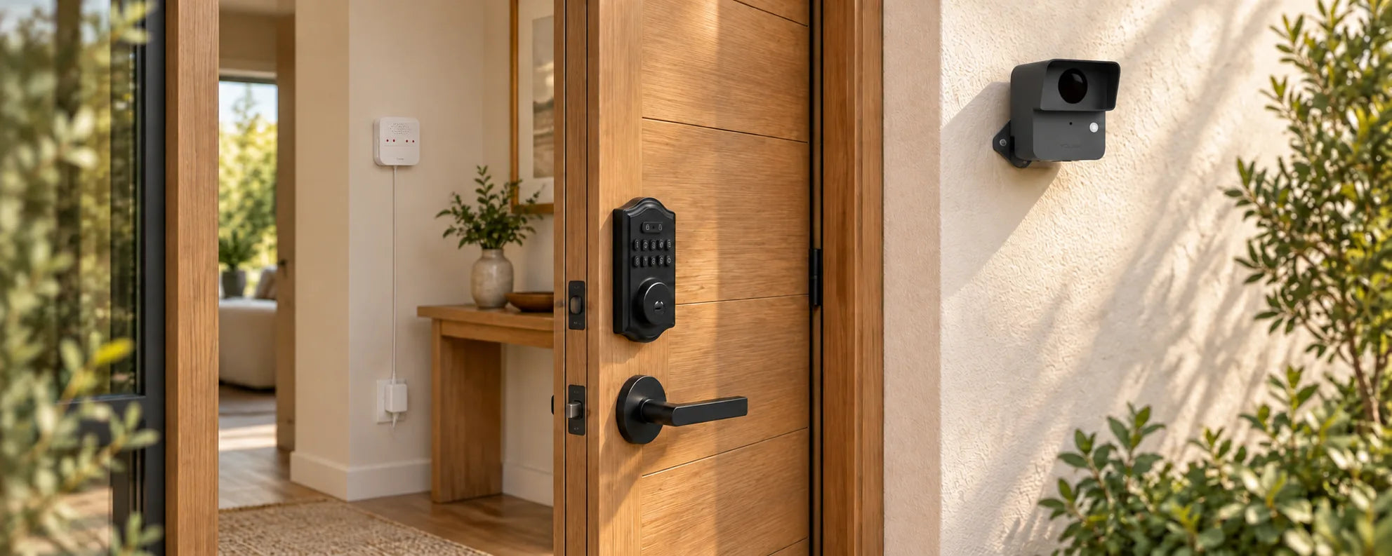 Outdoor motion sensor beside an open home entrance, with a keypad deadbolt on the door and a smaller powered siren inside the foyer
