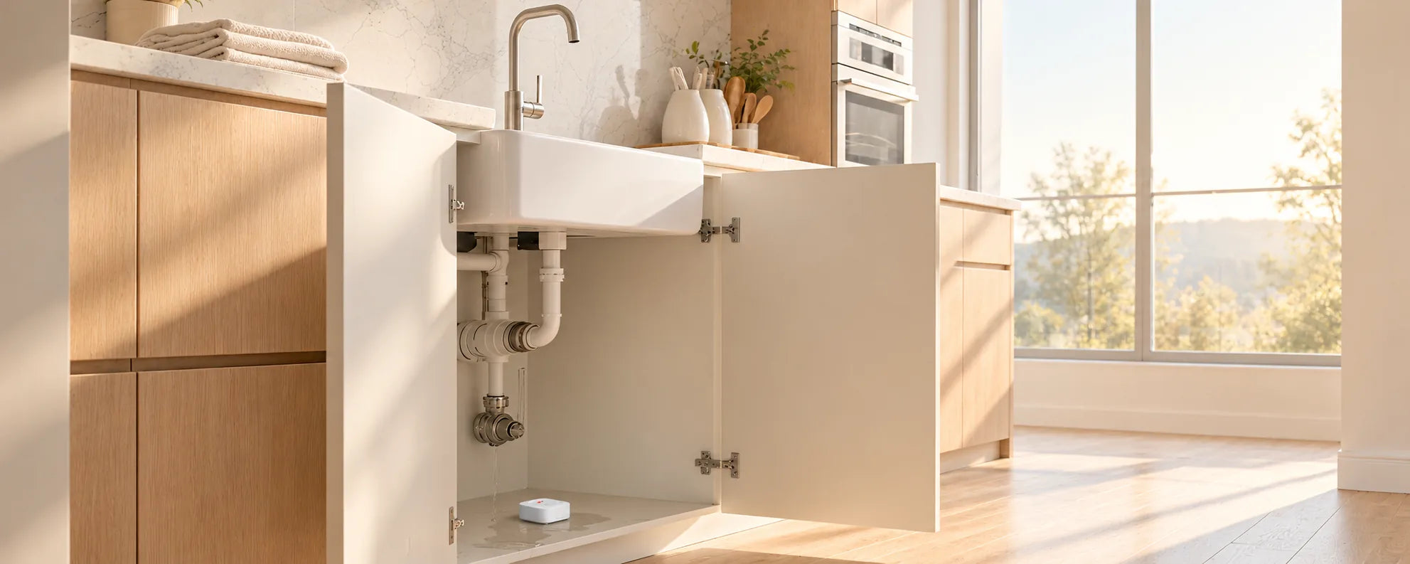 Leak sensor beneath a kitchen sink