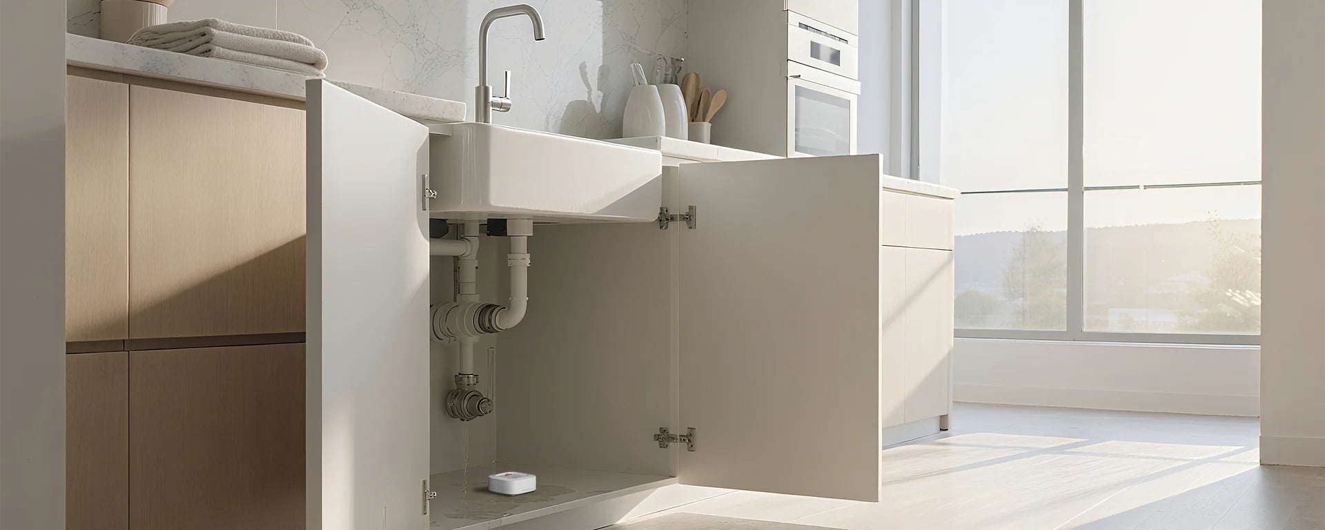 Leak sensor beneath a kitchen sink