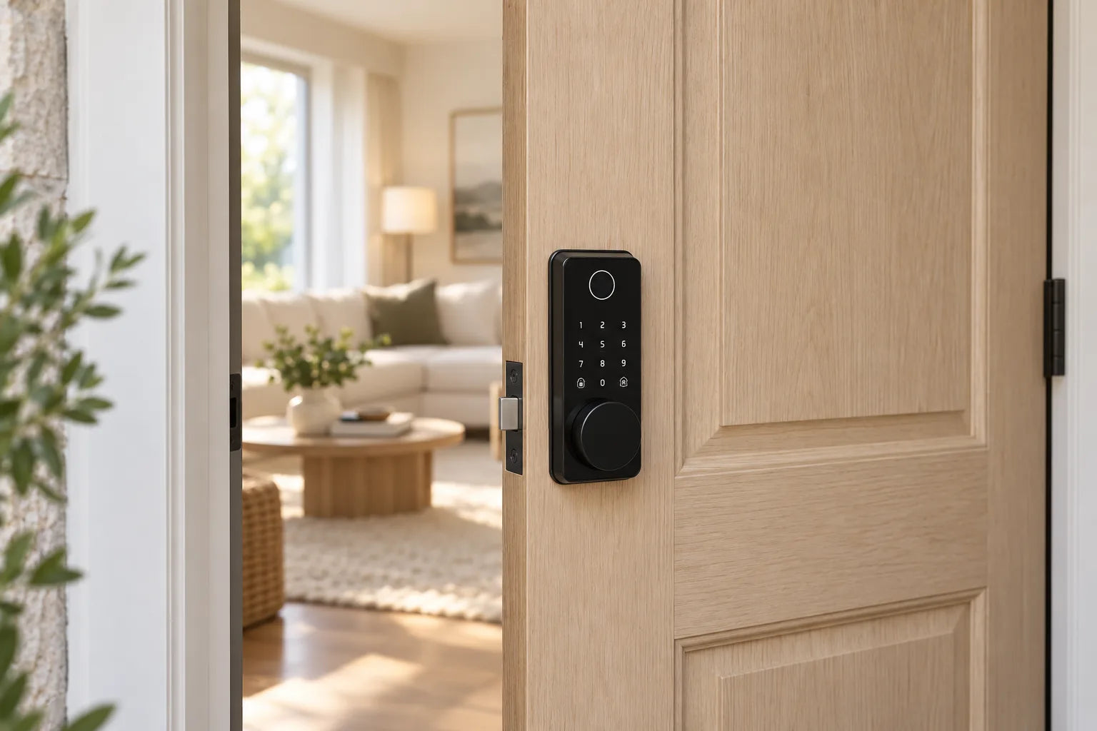 Smart lock installed on an oak entry door