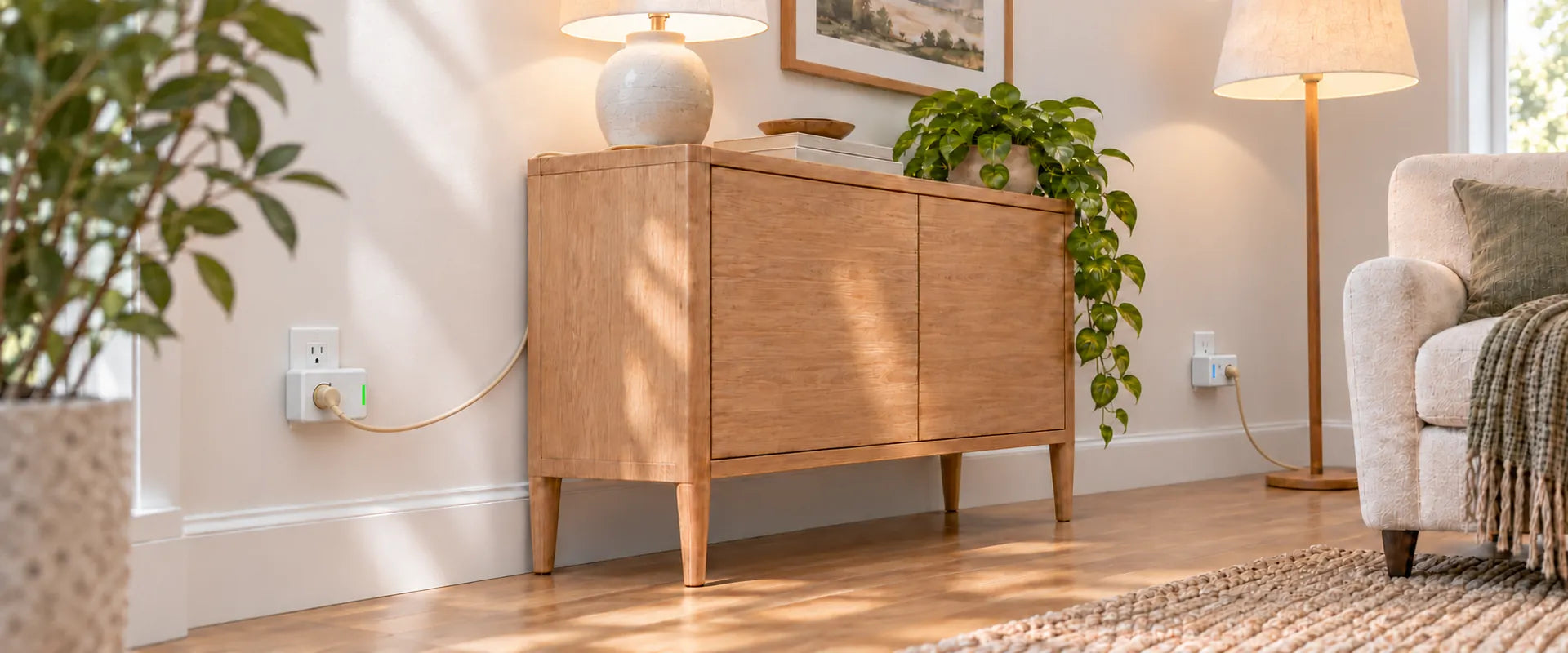 Two smart plugs powering lamps in a living room