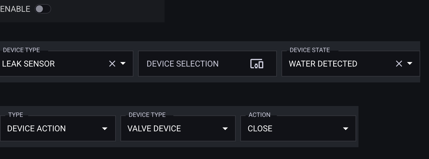 Raedius action-profile editor with water detected as the trigger and close valve as the configured action
