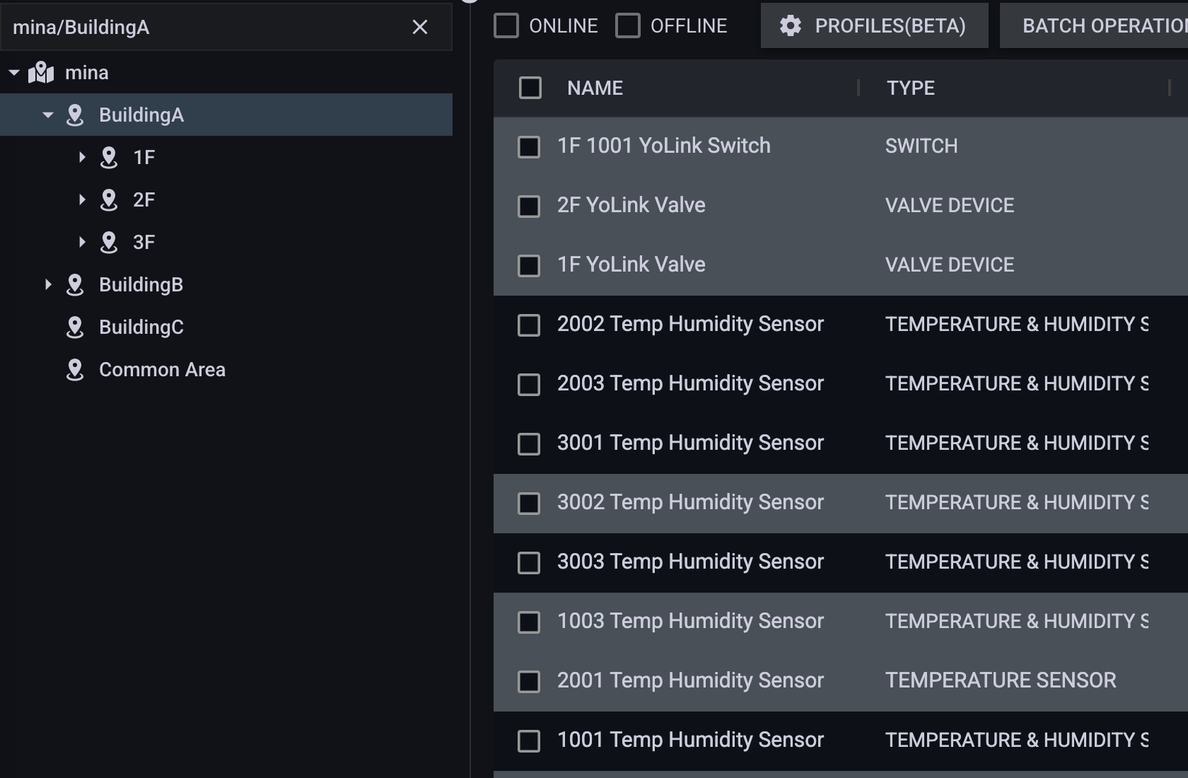Raedius project hierarchy and device list with building locations and current connection status